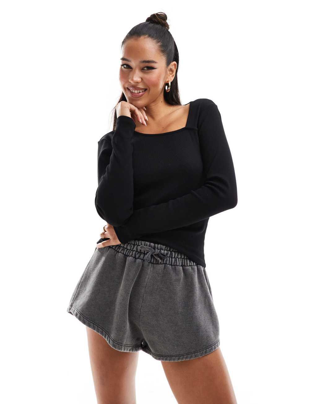 JDY long sleeve ribbed square neck top in black Product Image