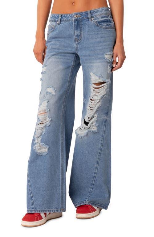 Womens Low Rise Distressed Wide Leg Jeans Product Image