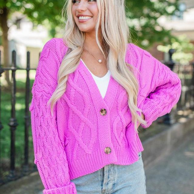 Moments That Matter Magenta Cable Knit Cardigan Product Image