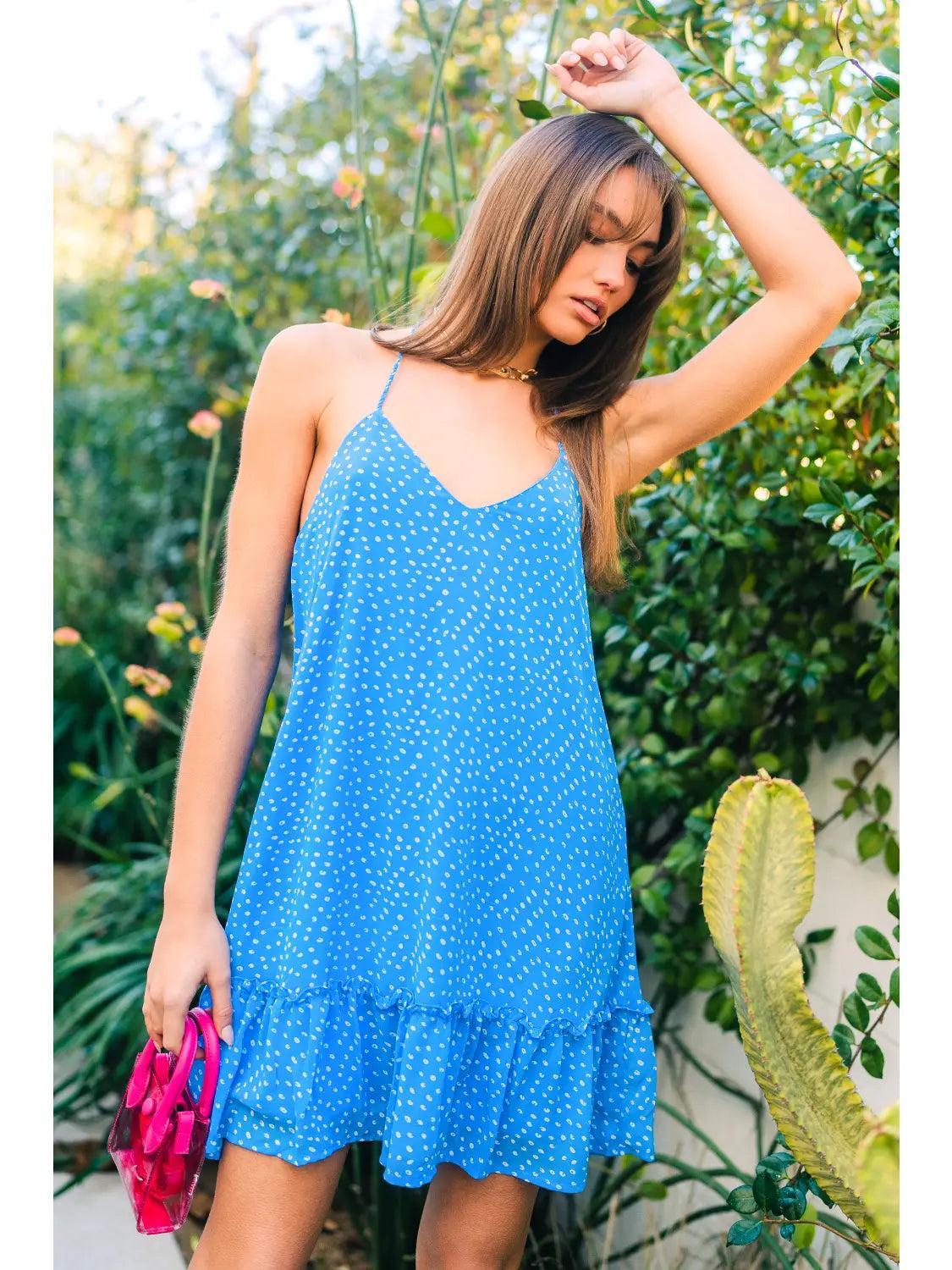 Blue Spotted Braided Strap Ruffle Mini Dress Female Product Image