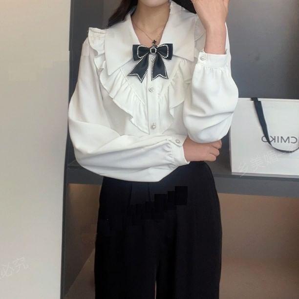 Long-Sleeve Bow Ruffle Trim Blouse Product Image