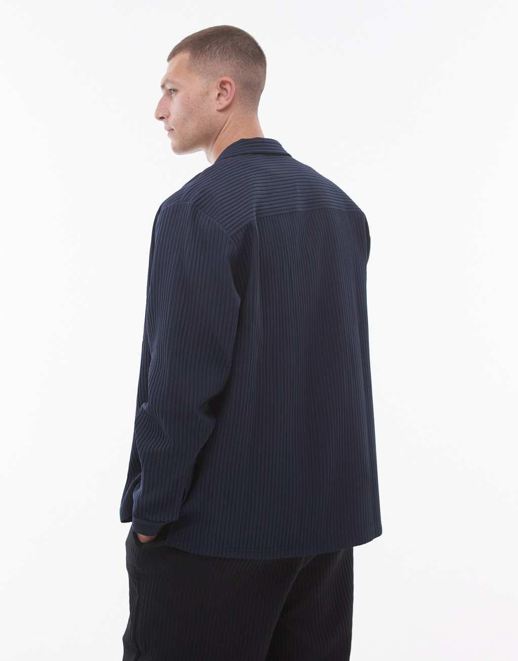 Topman long sleeve regular fit camp collar plisse shirt in navy Product Image