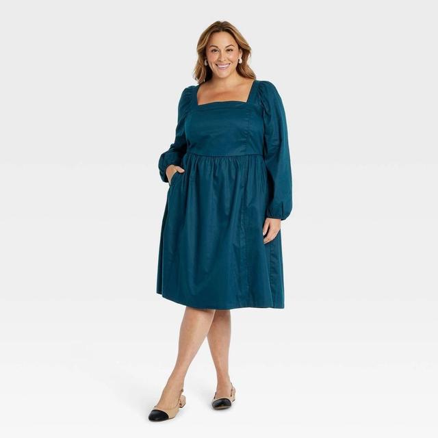 Womens Balloon Long Sleeve Woven Midi A-Line Dress - Ava & Viv Blue XXL Product Image