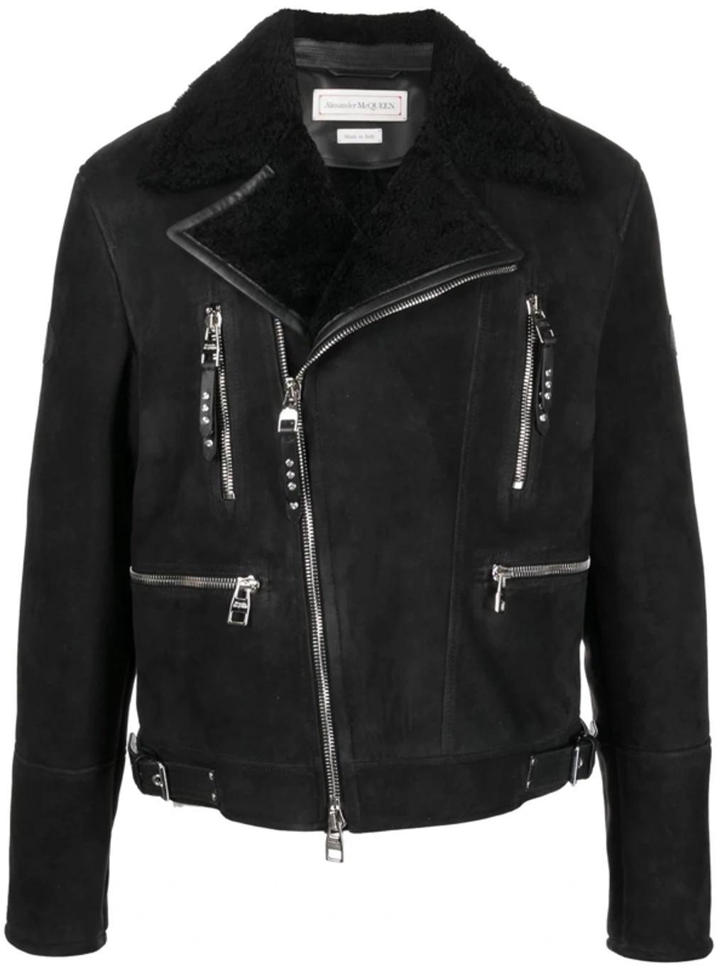 Logo-patch Shearling Biker Jacket In Black Product Image