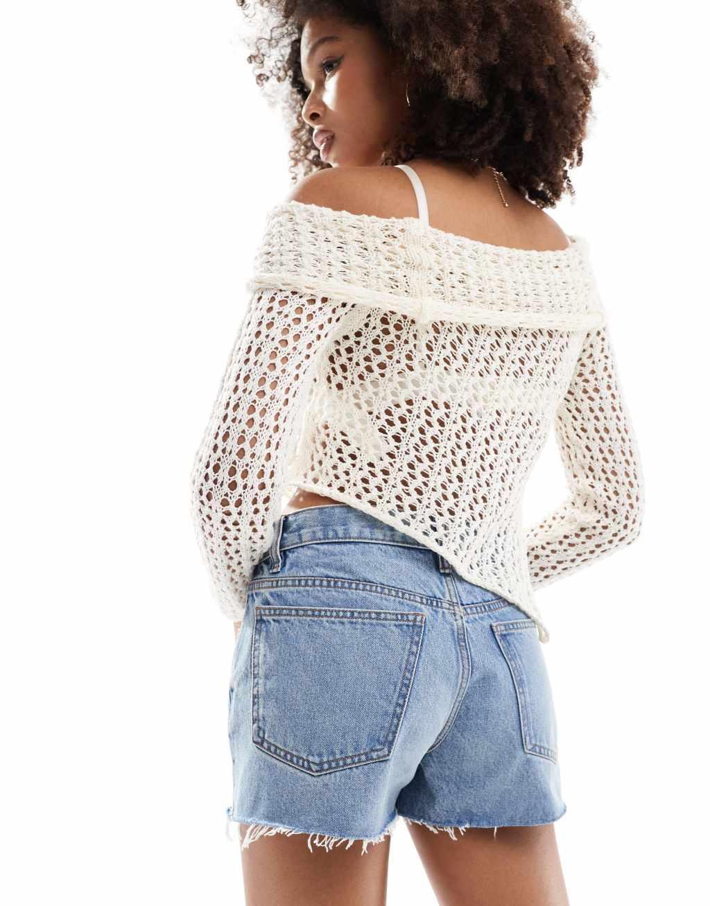 Pull&Bear textured knit bardot top with scarf hem in ecru Product Image