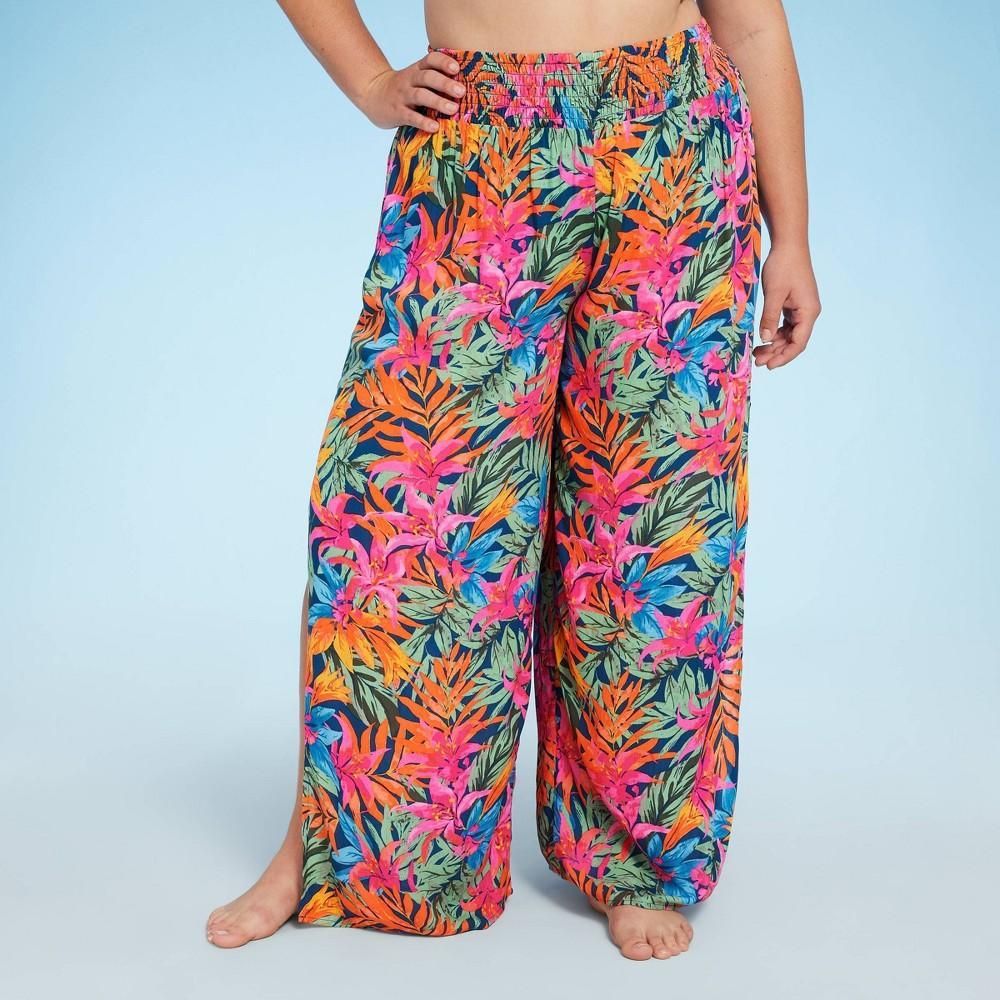 Womens Smocked Waist Side Slit Cover Up Pants - Shade & Shore Multi Tropical Floral Print 3X Product Image