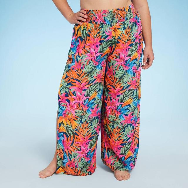 Womens Smocked Waist Side Slit Cover Up Pants - Shade & Shore Multi Tropical Floral Print 2X Product Image