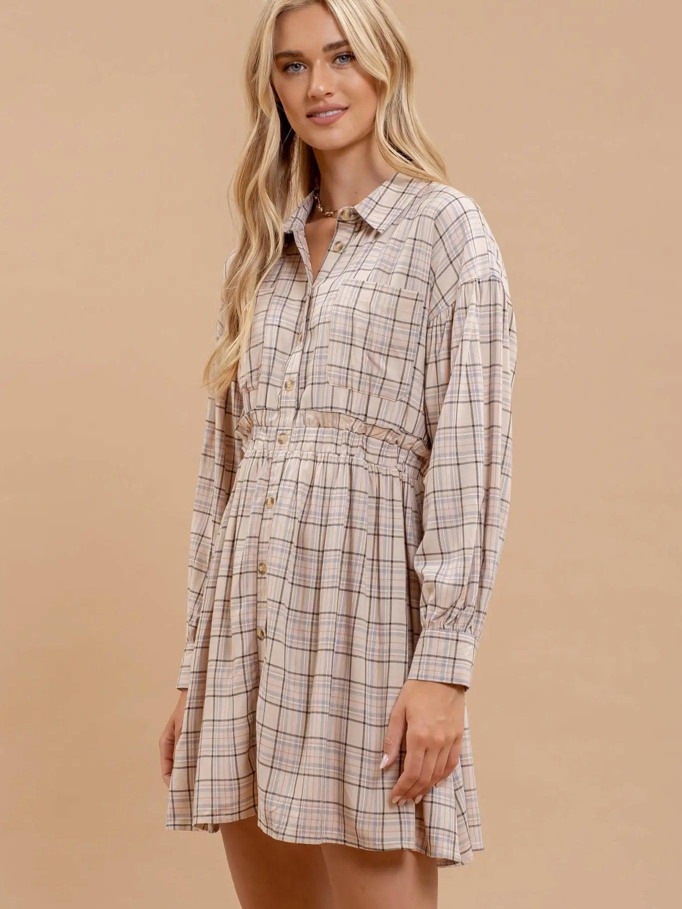 Plaid Collared Button Down Long Sleeve Dress Product Image