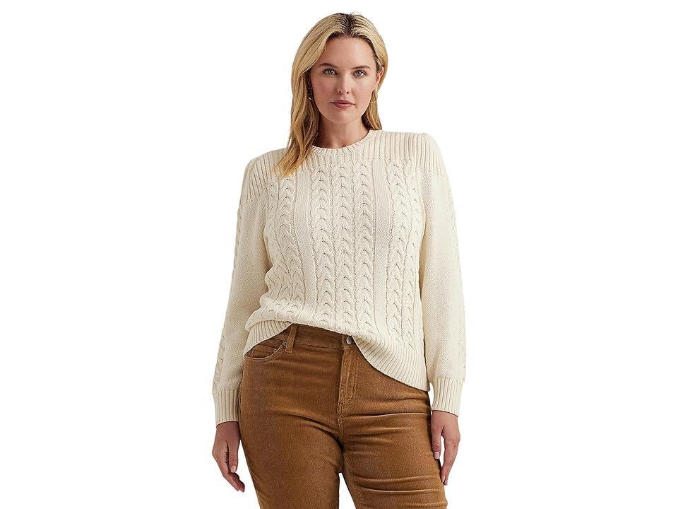 LAUREN Ralph Lauren Plus Size Cable-Knit Puff Sleeve Sweater (Mascarpone Cream) Women's Sweater Product Image