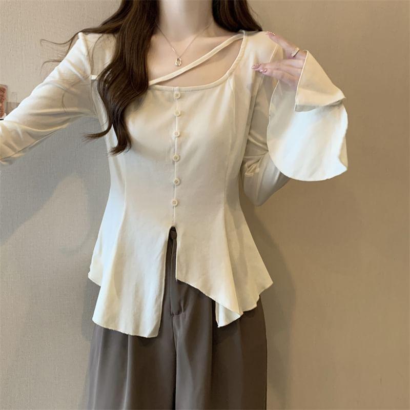 Flared-Sleeve Plain Asymmetrical Tee Product Image