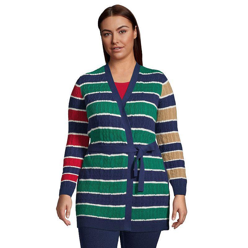 Plus Size Lands End Striped Fine Gauge Cotton Cable Knot Front Cardigan Sweater, Womens Product Image