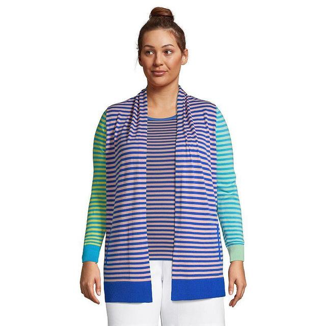 Plus Size Lands End Draped Open-Front Long Cardigan Sweater, Womens Crisp Pink Stripe Product Image