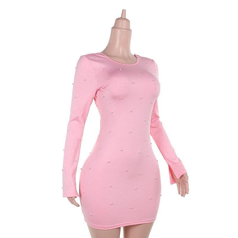 Long Sleeve Crew Neck Faux Pearl Detail Backless Bodycon Mini Dress Product Image