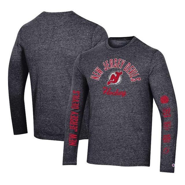 Mens Champion Heather Black New Jersey Devils Multi-Logo Tri-Blend Long Sleeve T-Shirt Product Image