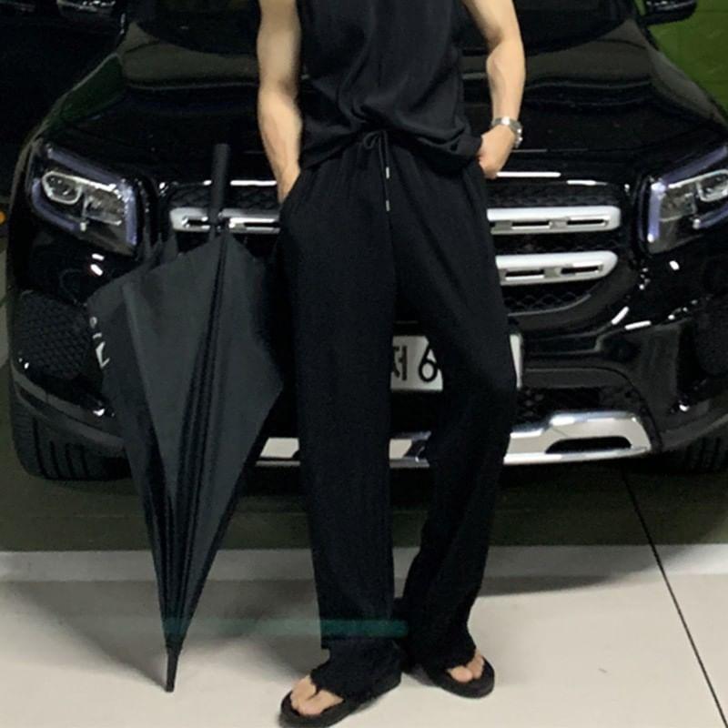 Crew Neck Plain Tank Top / Drawstring Waist Straight Leg Pants Product Image