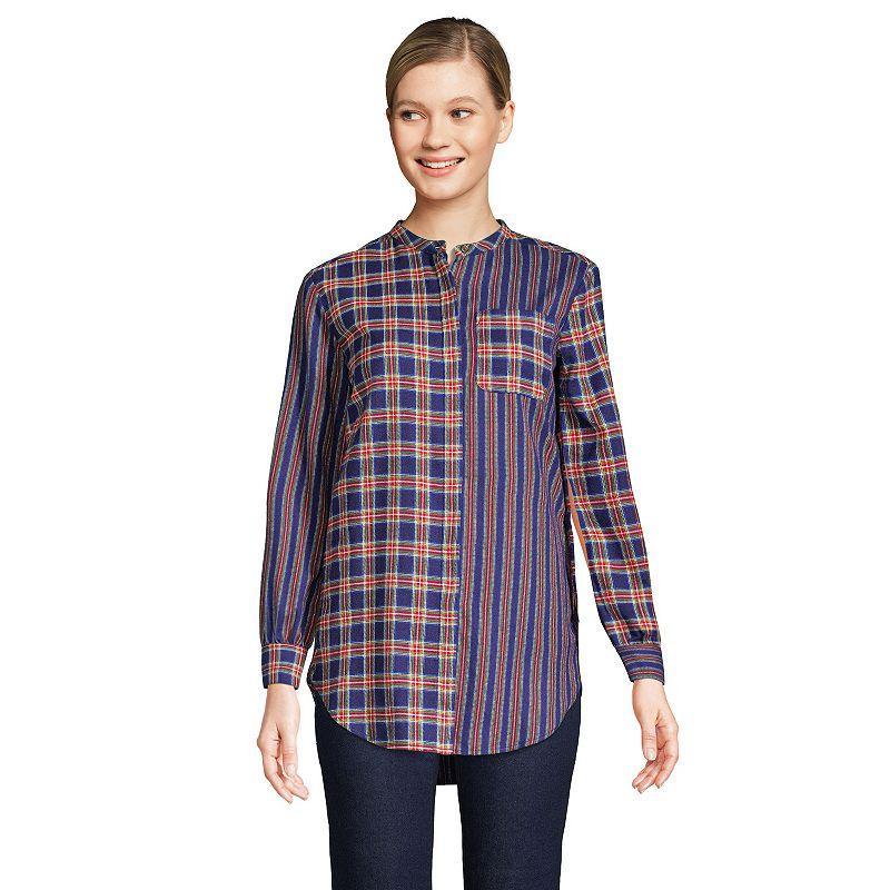 Petite Lands End Flannel A-Line Long Sleeve Tunic Top, Womens Ivory Brown Check Product Image