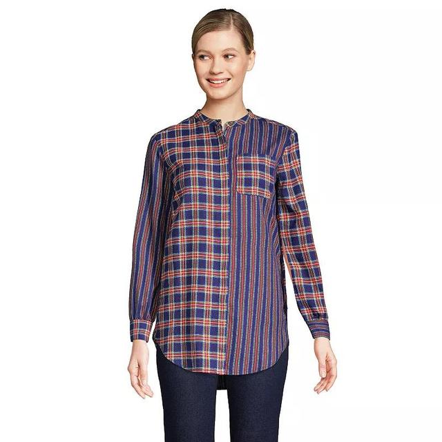 Petite Lands End Flannel A-Line Long Sleeve Tunic Top, Womens Ivory Brown Check Product Image