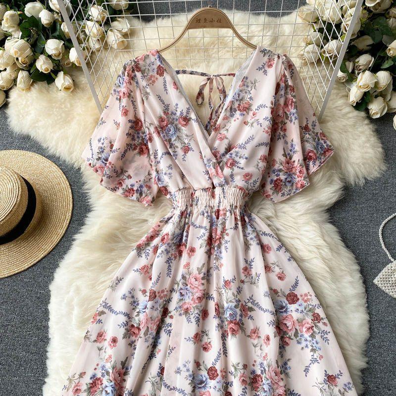 Short-Sleeve V-Neck Floral Midi A-Line Dress Product Image