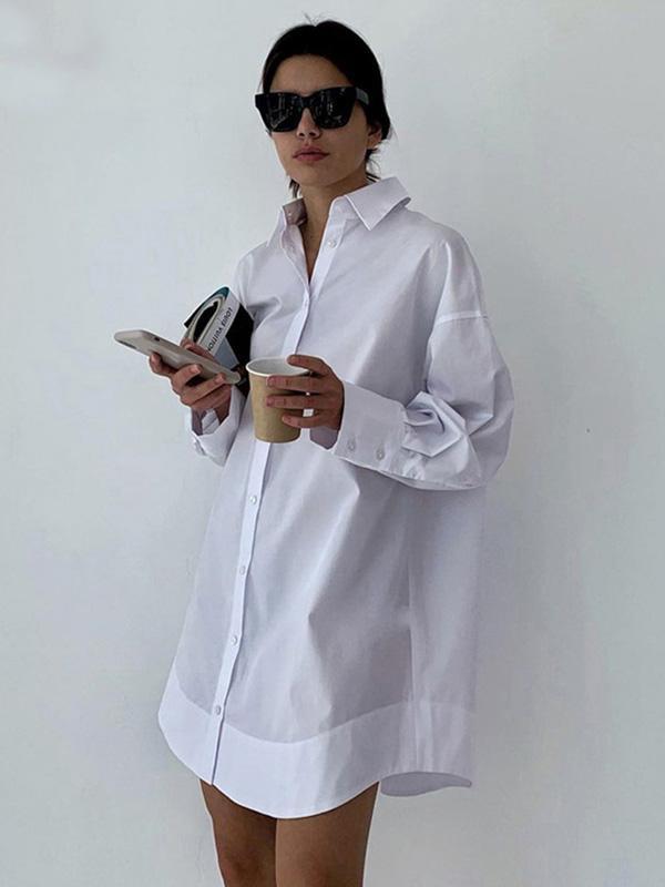 Leisure Fashion Loose Long Sleeves Solid Color Lapel Collar Shirt Dresses Product Image