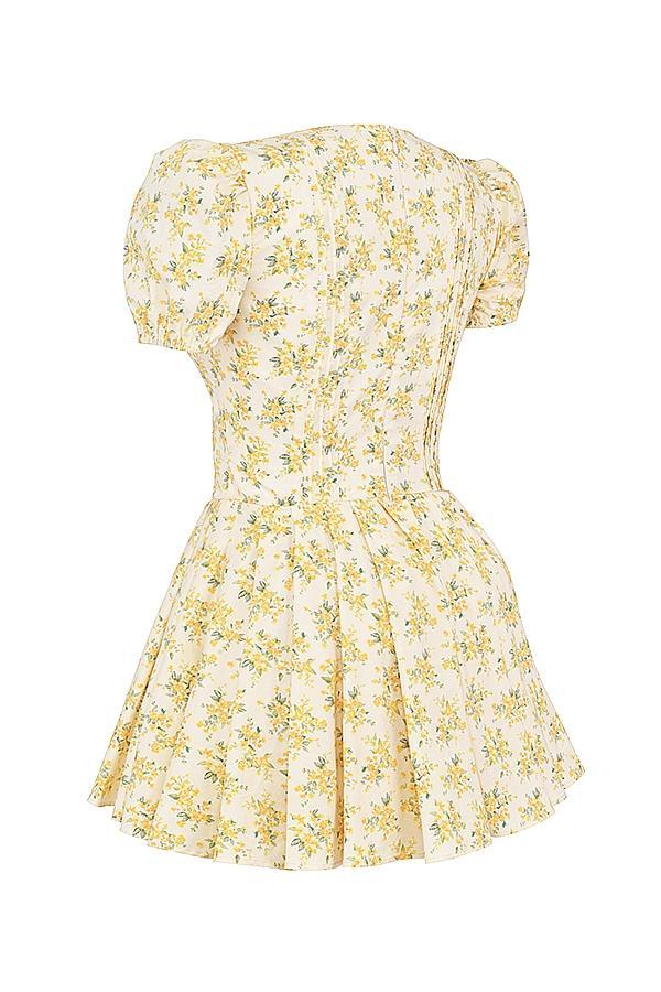 Imani Buttercup Vintage Floral Print Pleated Cotton Mini Dress Product Image