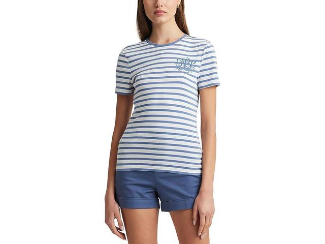 Lauren Ralph Lauren Striped Stretch Cotton Crew Neck Tee Pale Azure) Women's Clothing Product Image