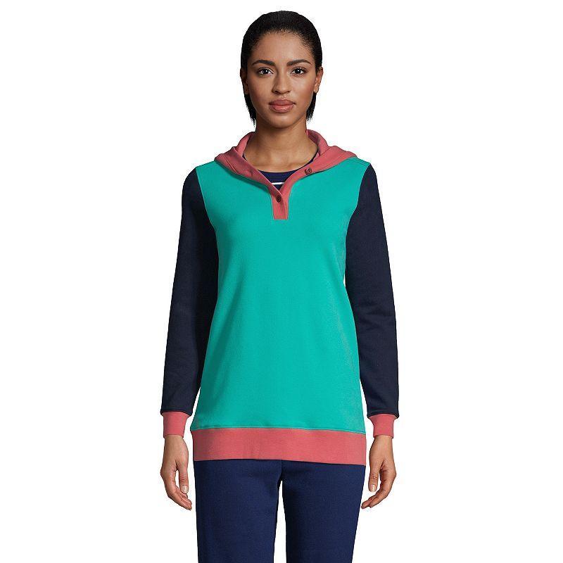 Petite Lands End Serious Sweats Long Sleeve Button Hoodie, Womens Blue Colorblock Product Image