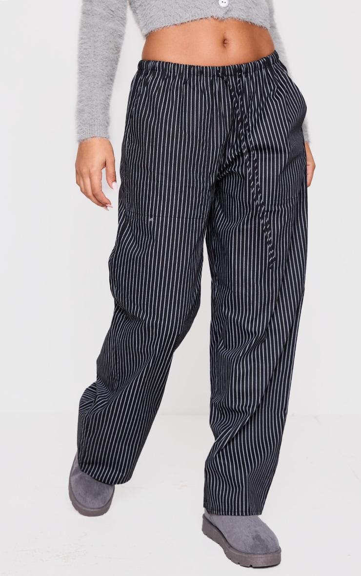 Petite Black Pinstripe Woven Drawstring Waist Low Rise Pants Product Image