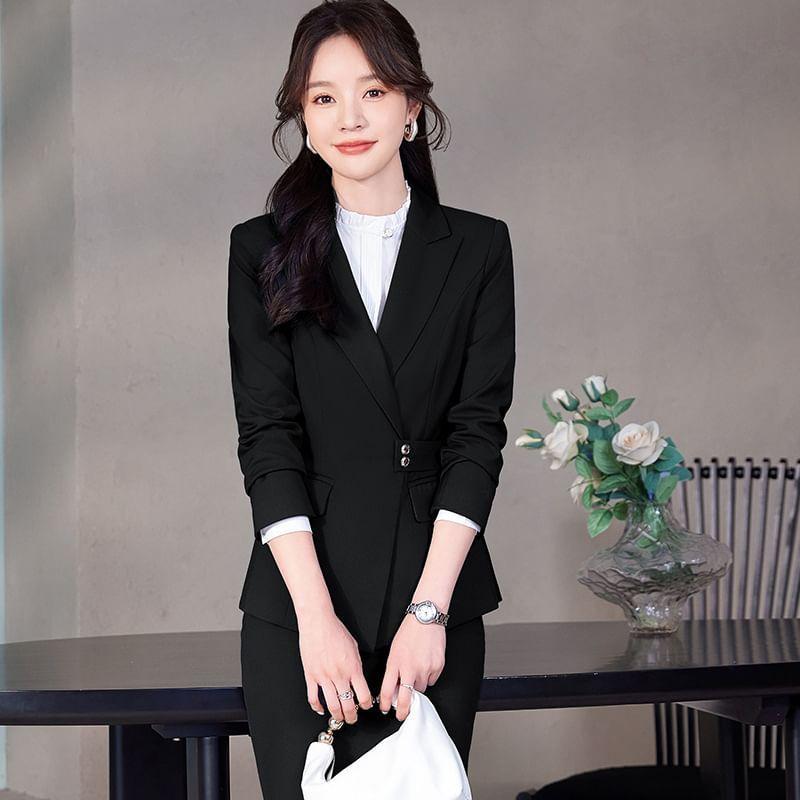 Peak Lapel Plain Single-Breasted Blazer / Long-Sleeve Bow Shirt / High Waist Pencil Skirt / Straight Leg Slacks Product Image