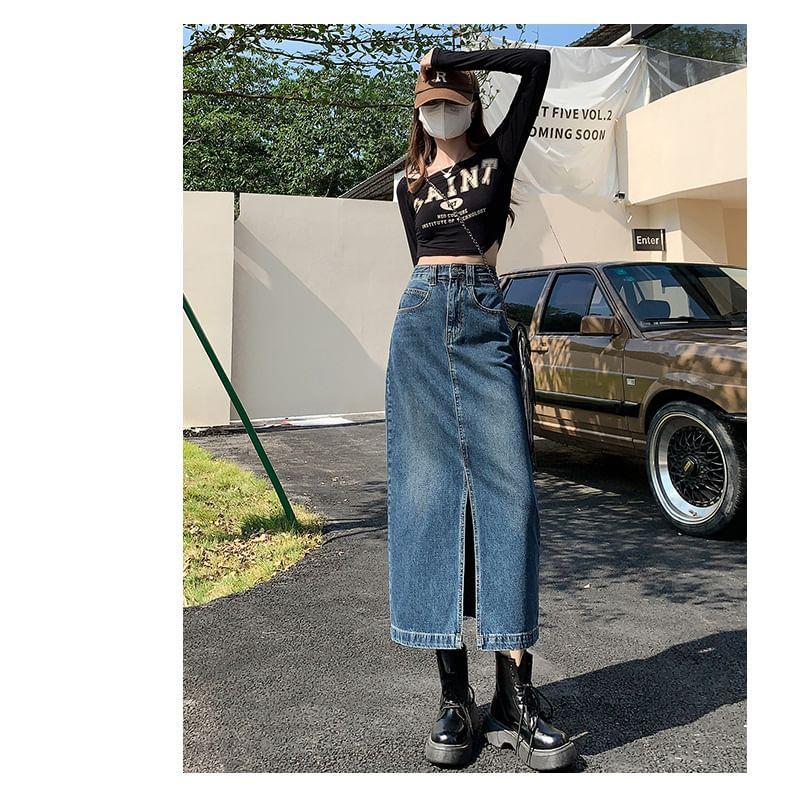 High Rise Slit Washed Denim Midi Pencil Skirt Product Image