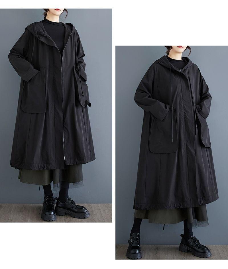 Plain Hood Midi Zip Cargo Trench Coat Product Image