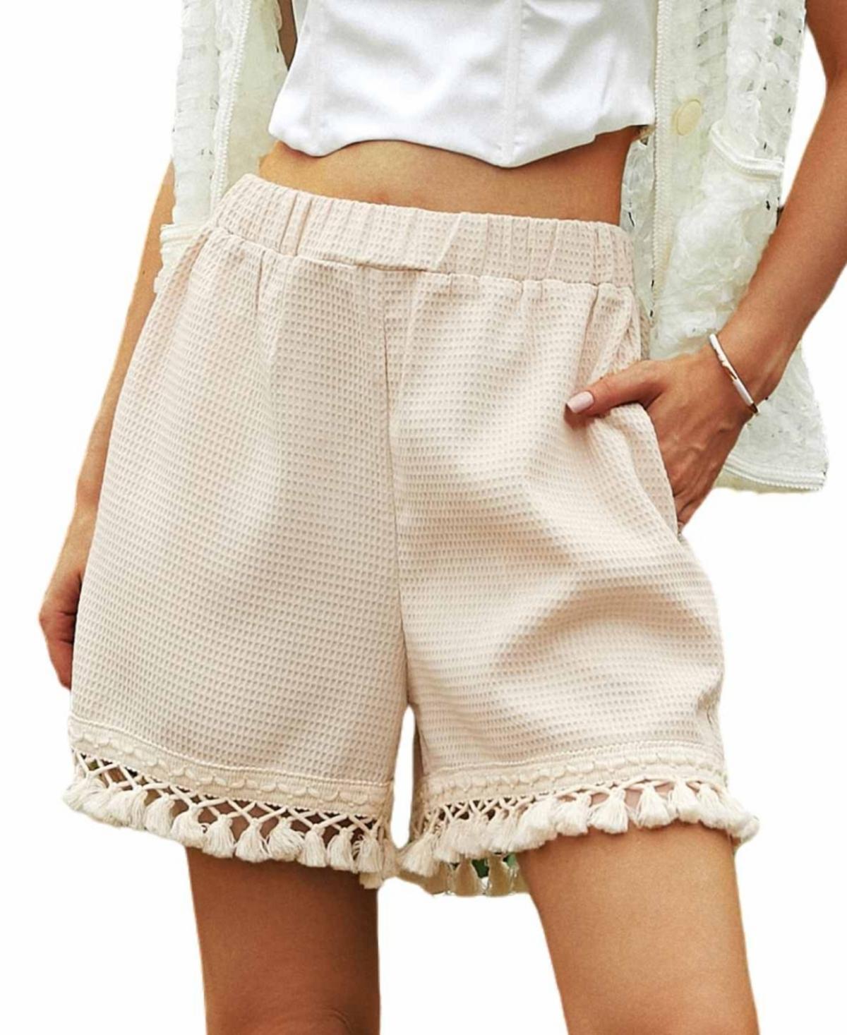 Cupshe Womens Elastic Waist Tassel Hem Shorts - Beige Product Image