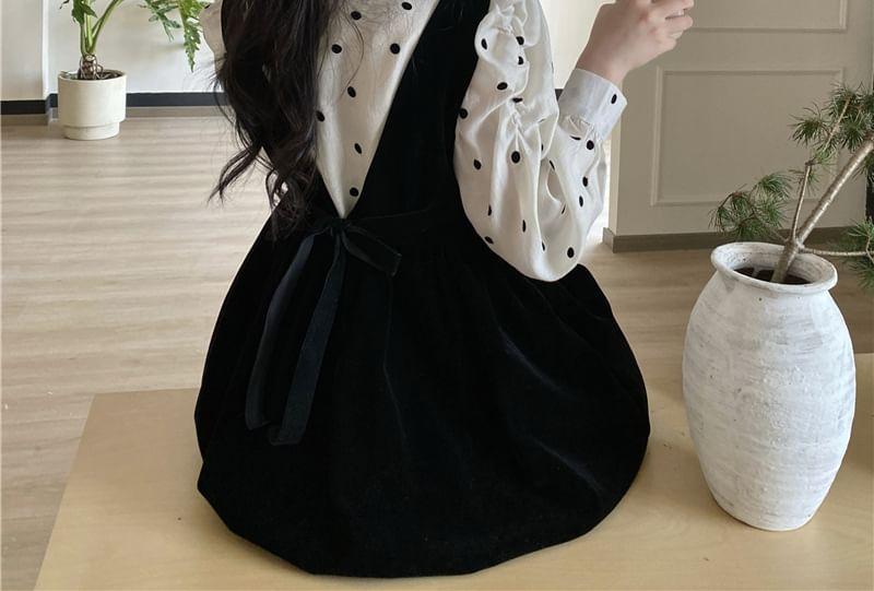 Long-Sleeve Crew Neck Dotted Blouse / Square Neck Plain Velvet Mini A-Line Jumper Dress Product Image