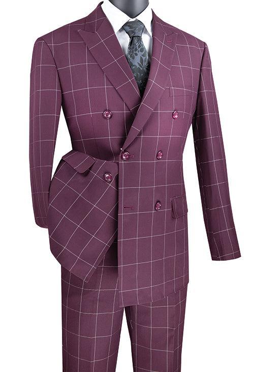 Naples Collection - Wine Modern Fit Double Breasted Windowpane Peak Lapel 2 Piece Suit product image