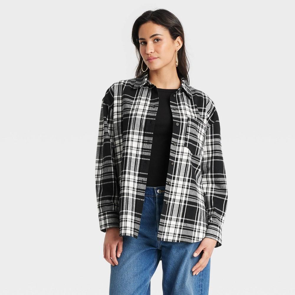 Womens Oversized Flannel Long Sleeve Collared Button-Down Shirt - Universal Thread Black Plaid M Product Image