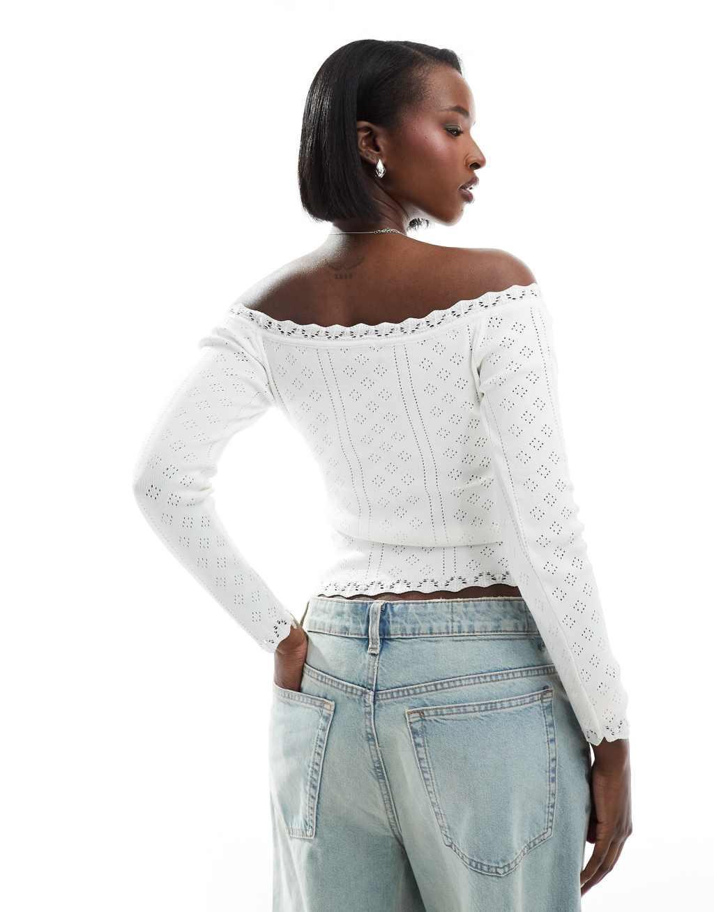 Fashionkilla pointelle lace trim bardot top in white Product Image