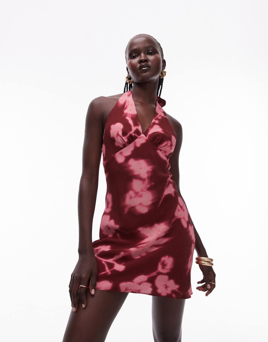 Topshop halterneck flippy mini dress in black and red floral Product Image