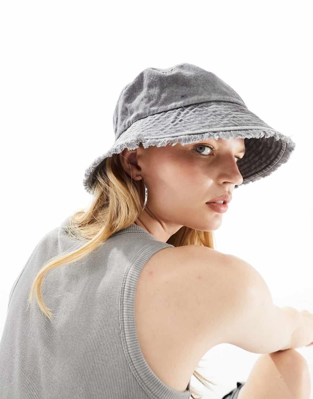 ASOS DESIGN bucket hat in washed black with raw edge Product Image