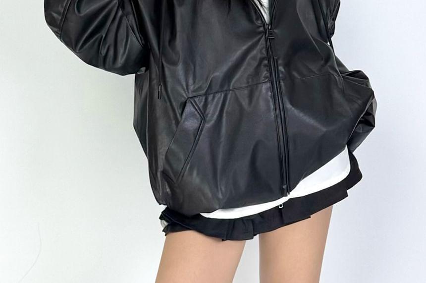 Plain Hood Faux Leather Zip Jacket Product Image