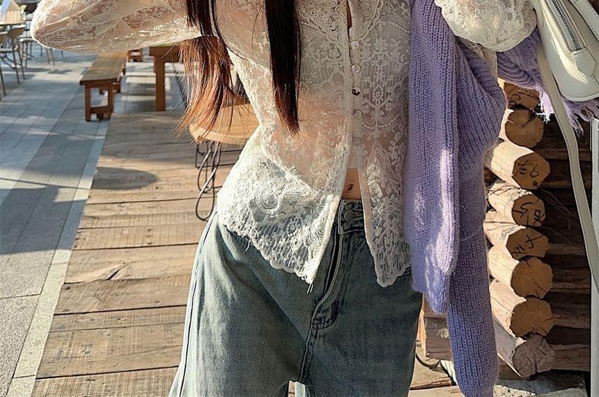 V-Neck Plain Fringed Button-Up Crop Cardigan / Long-Sleeve Lace Blouse Product Image