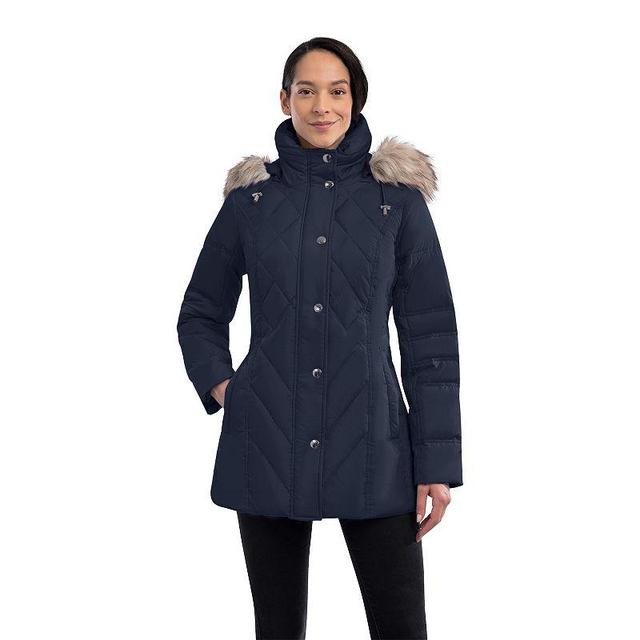 Womens TOWER by London Fog Hooded Faux-Fur Down Puffer Coat Blue Product Image