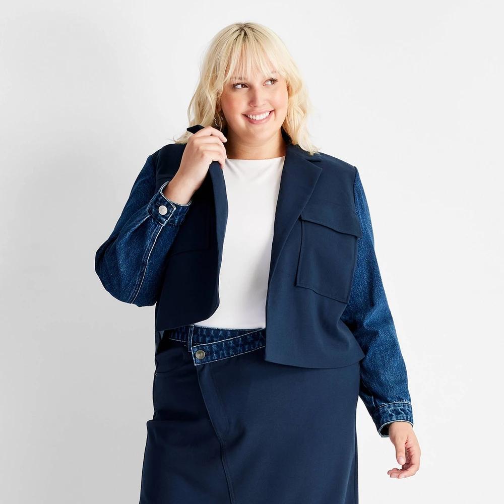 Womens Contrasting Denim Cropped Blazer - Future Collective Navy Product Image