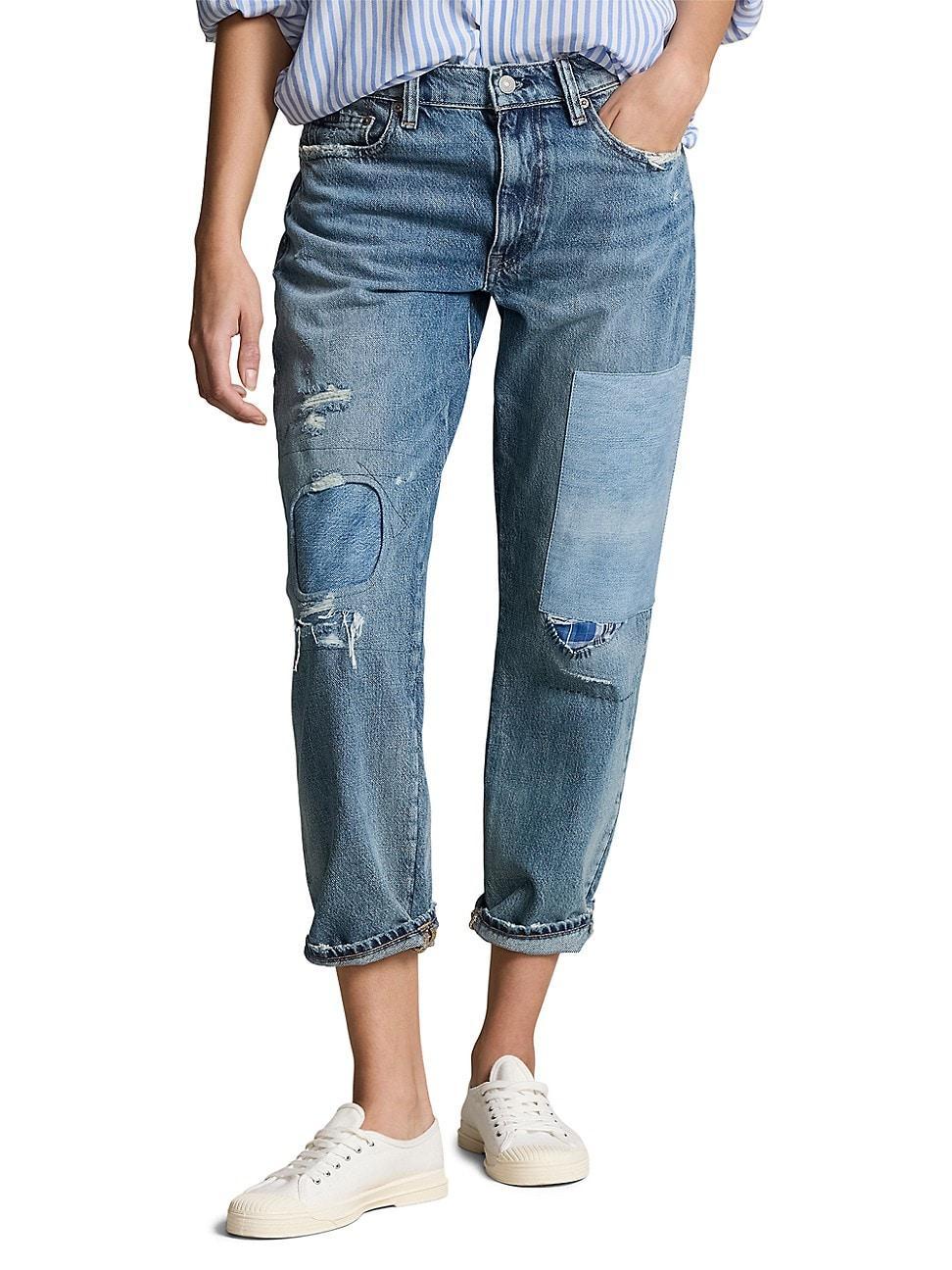 Womens Mid-Rise Distressed Patch Jeans Product Image