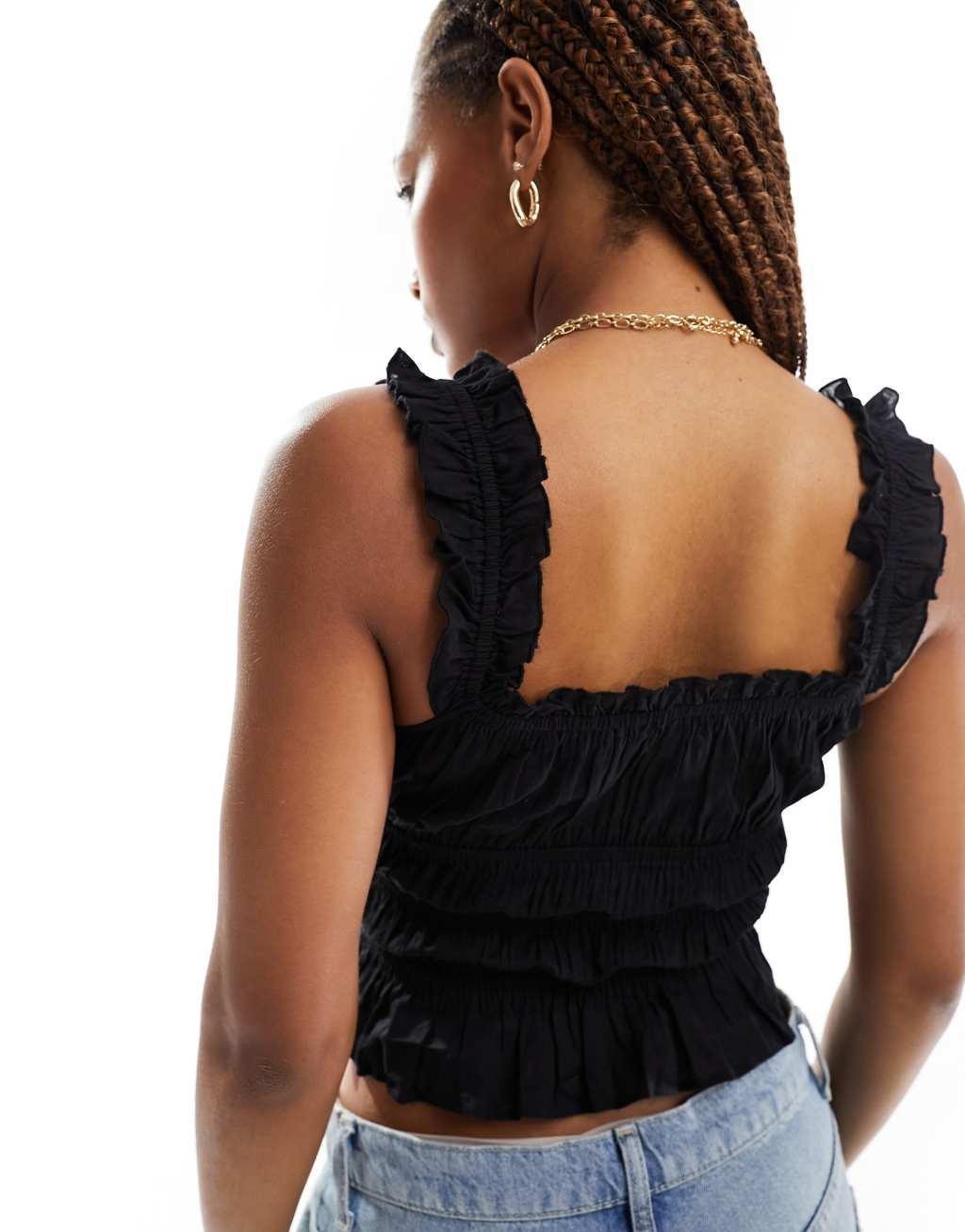 Cotton On prairie ruched black frill top  Product Image