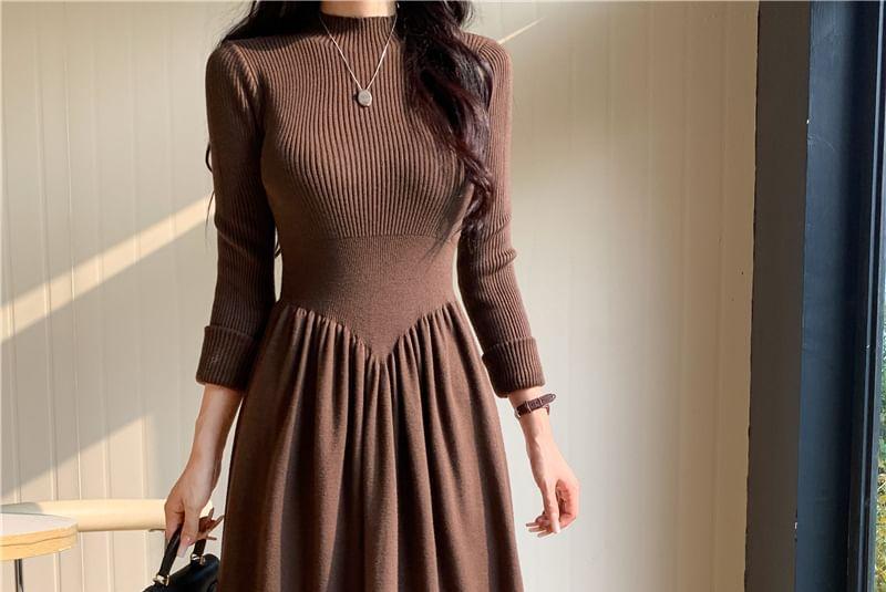 Mock Two-Piece Long-Sleeve Plain Ribbed Midi A-Line Dress Product Image