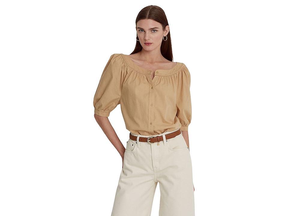 LAUREN Ralph Lauren Cotton Broadcloth Puff-Sleeve Shirt (Birch Tan) Women's Clothing Product Image