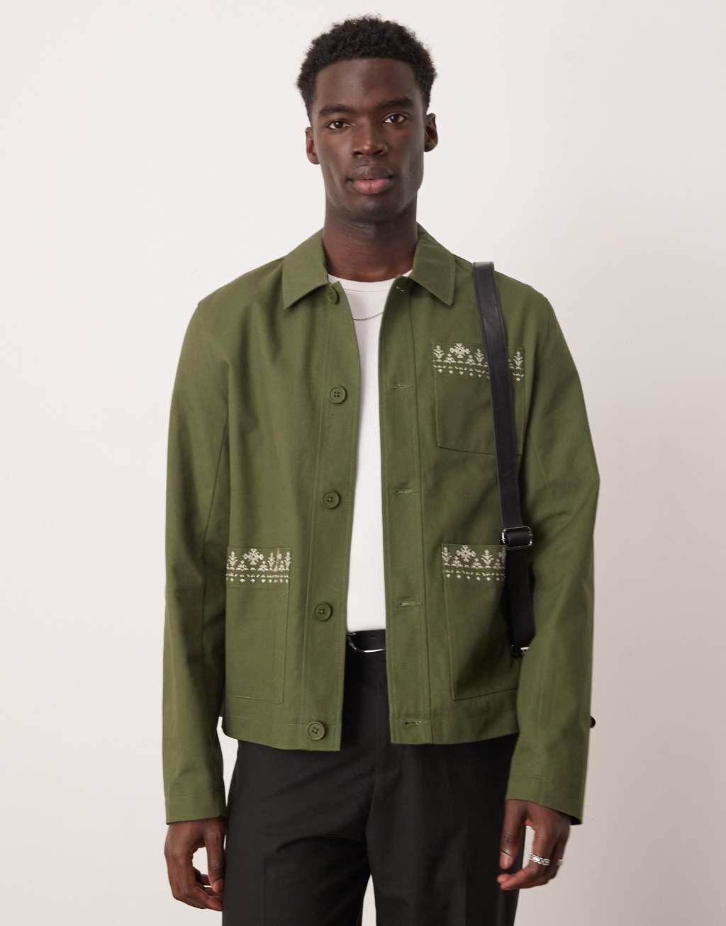 ASOS DESIGN embroidered harrington jacket in olive Product Image