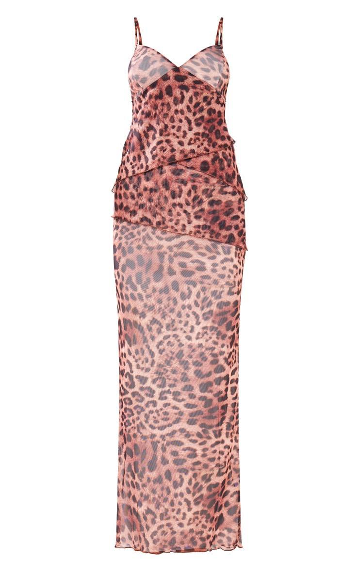 Brown Leopard Mesh Raw Hem Tiered Maxi Dress Product Image