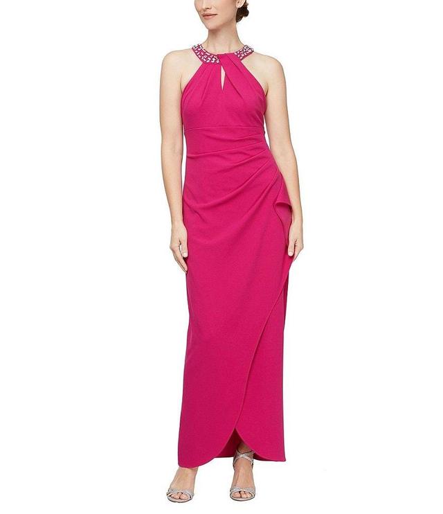 Ignite Evenings Petite Size Scuba Crepe Sleeveless Beaded Twisted Halter Neck Ruffled Gown Product Image