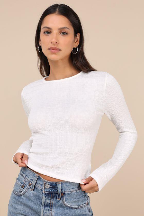 Iconic Composure White Textured Twist-Back Long Sleeve Top Product Image