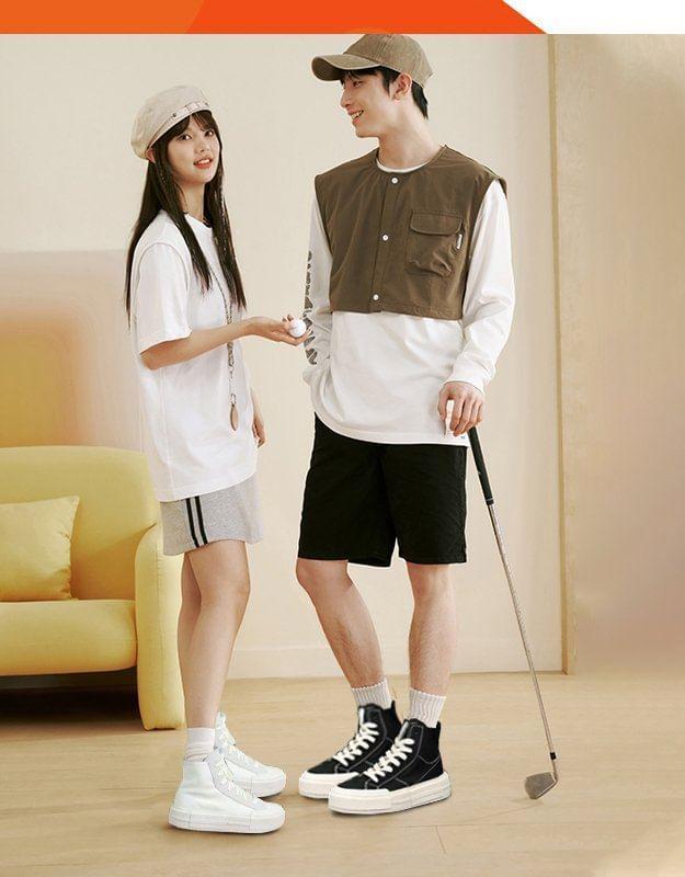 Couple Matching Platform Plain Lace-Up High Top Canvas Sneakers Product Image